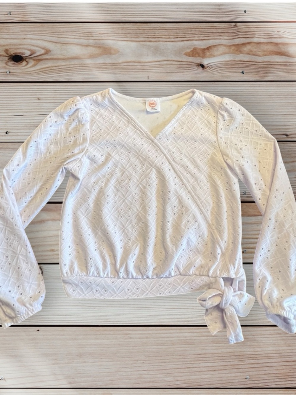Wonder Nation White Eyelet Wrap-Front Long Sleeve Top Girls Small 6 - 6x